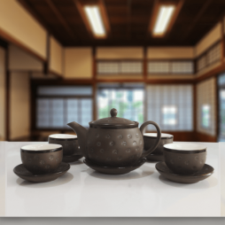 Bộ ấm chén tử sa ngàn hoa xanh quai tròn bầu