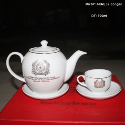 Ấm chén sứ chỉ bạch kim in logo Bộ công an 700ml (Trắng)