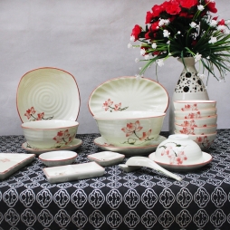 Bộ bát đĩa Sen chỉ hồng vẽ tay 19 món (Trắng)