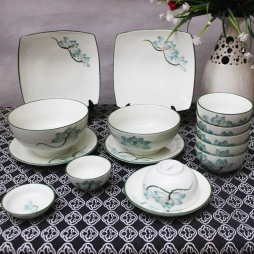 Bộ đồ ăn bằng sứ cao cấp vẽ tay Sen xanh (Trắng)