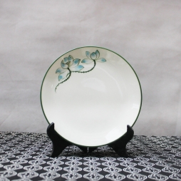Đĩa sứ tròn cao cấp vẽ tay Sen xanh 20cm (Trắng)