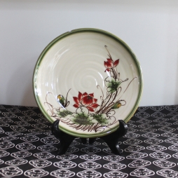 Đĩa sứ tròn Xanh rêu cổ vẽ Sen đỏ phi 20cm
