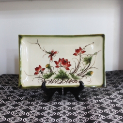 Khay sứ chữ nhật vẽ Sen đỏ S2 (Xanh cổ)
