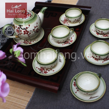 Bộ ấm chén dáng Minh Long vẽ hoa đào 500 ml (Men rêu)