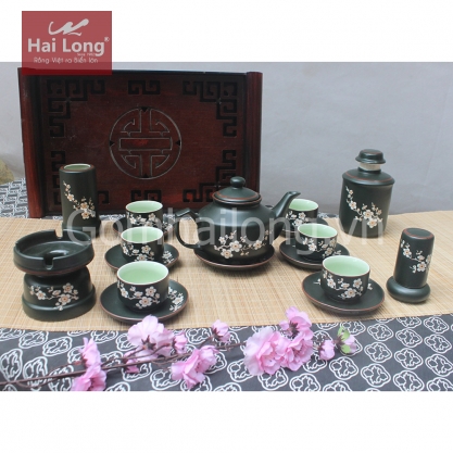 Bộ ấm chén dáng chóp vẽ hoa đào kèm phụ kiện (Men xanh)