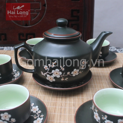 Bộ ấm chén dáng chóp vẽ hoa đào kèm phụ kiện (Men xanh)
