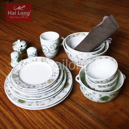 Set 18 sản phẩm bộ đồ ăn bằng sứ vẽ hoa dây (Trắng)