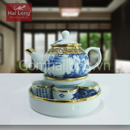 Bộ ấm chén quả hồng bọc đồng kèm khay tròn