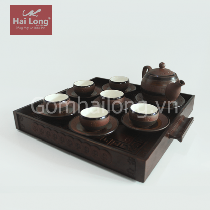 Bộ ấm chén tử sa thổ cẩm bé quai tròn bầu