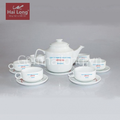 Bộ ấm chén sứ in logo Cty xây dựng Sông Ba (Trắng)