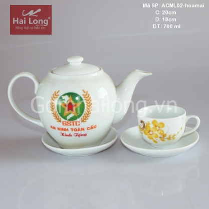 Bộ ấm trà sứ in logo GSTC họa tiết hoa mai (Trắng)