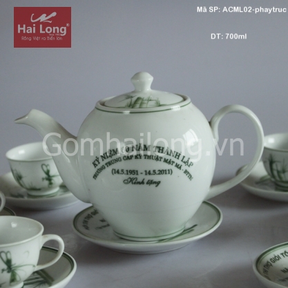 Bộ ấm chén phẩy trúc in logo quà tặng 700ml (Trắng)