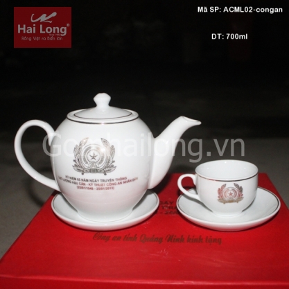 Ấm chén sứ chỉ bạch kim in logo Bộ công an 700ml (Trắng)