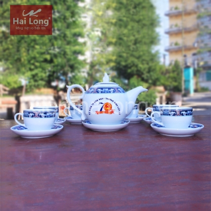 Bộ ấm trà sứ dáng bưởi diềm xanh Bát Tràng quà tri ân ngày 27-7 (Trắng)
