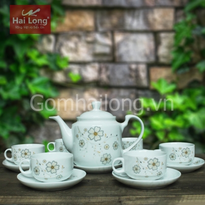 Bộ ấm chén sứ CK quai cong hoa xuyến chi (Trắng)