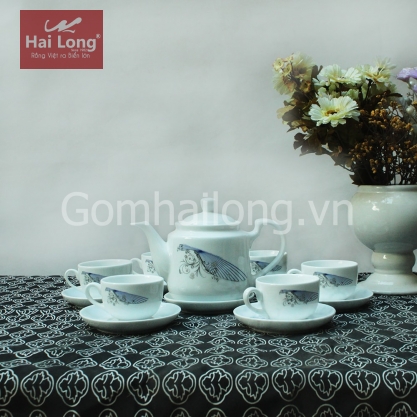 Bộ ấm chén sứ cao cấp CK quai cong cánh chuồn (Trắng)