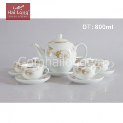 Ấm chén sứ dáng Minh Long kẻ chỉ vẽ hoa vàng kim 500ml (Trắng)