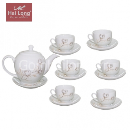 Ấm chén sứ dáng Minh Long họa tiết hoa phù dung 800ml (Trắng)