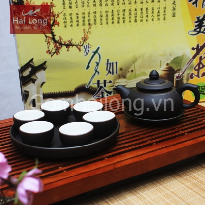 Bộ ấm chén tử sa chóp S2 chỉ bạc kèm khay tròn