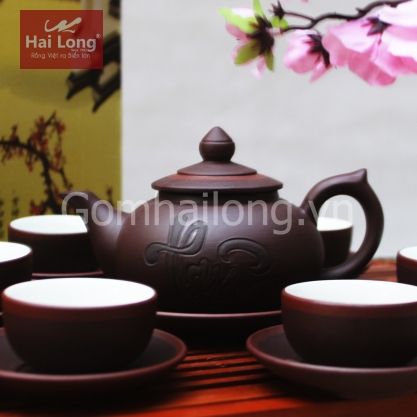 Bộ ấm trà tử sa chóp thư pháp chữ Thuận