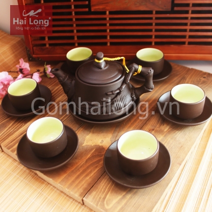 Bộ ấm chén tử sa đắp trúc S2