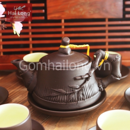 Bộ ấm chén tử sa đắp trúc S2