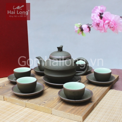 Bộ ấm chén tử sa đai eo xanh chỉ