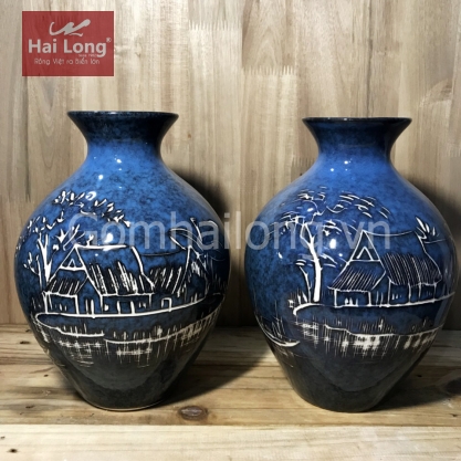 Vò cổ cao men đá xanh khắc cảnh làng quê