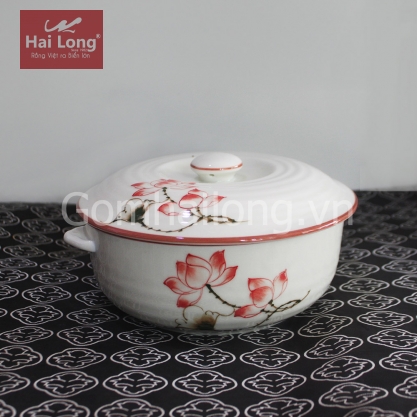 Âu cơm bằng sứ cao cấp Bát Tràng vẽ tay Sen chỉ hồng (Kem)