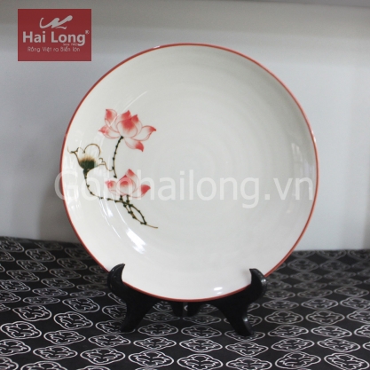 Đĩa sứ vẽ tay Sen chỉ hồng phi 22cm (Kem)