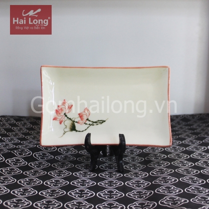 Khay sứ chữ nhật vẽ tay Sen chỉ hồng cỡ S4 (Trắng)