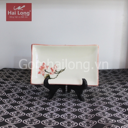 Khay sứ chữ nhật vẽ tay Sen chỉ hồng cỡ S3 (Kem)