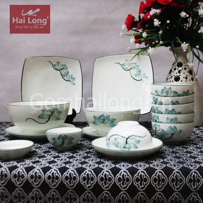 Bộ đồ ăn bằng sứ cao cấp vẽ tay Sen xanh (Trắng)