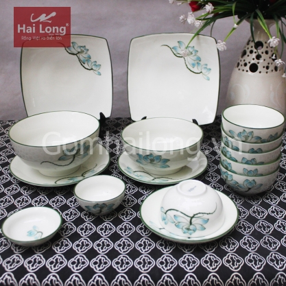 Bộ đồ ăn bằng sứ cao cấp vẽ tay Sen xanh (Trắng)