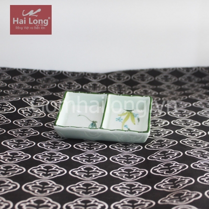 Khay sứ chữ nhật hai ngăn đưng gia vị Sen xanh (Trắng)