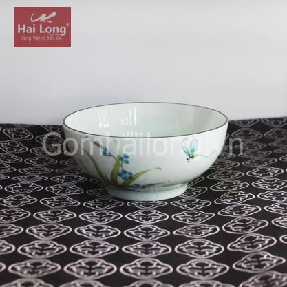 Bát ăn cơm bằng sứ vẽ Chuồn chỉ xanh (Trắng)